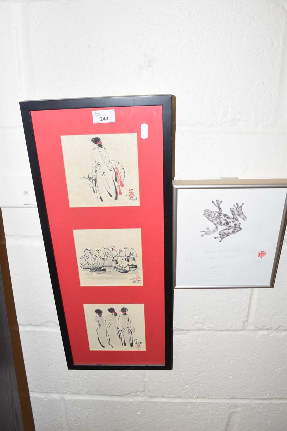Asian tryptic of figures, framed and glazed together with 'Dalmation Original Maybe-Prints'