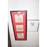 Asian tryptic of figures, framed and glazed together with 'Dalmation Original Maybe-Prints'