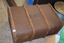 Vintage wooden bound trunk, the top marked E.M.T