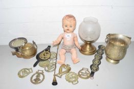 Mixed Lot: Vintage doll together with a range of assorted horse brasses and other mixed items