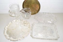 Mixed Lot: Various glass and metal wares to include trays, biscuit barrel, jug etc