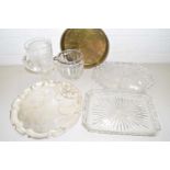 Mixed Lot: Various glass and metal wares to include trays, biscuit barrel, jug etc