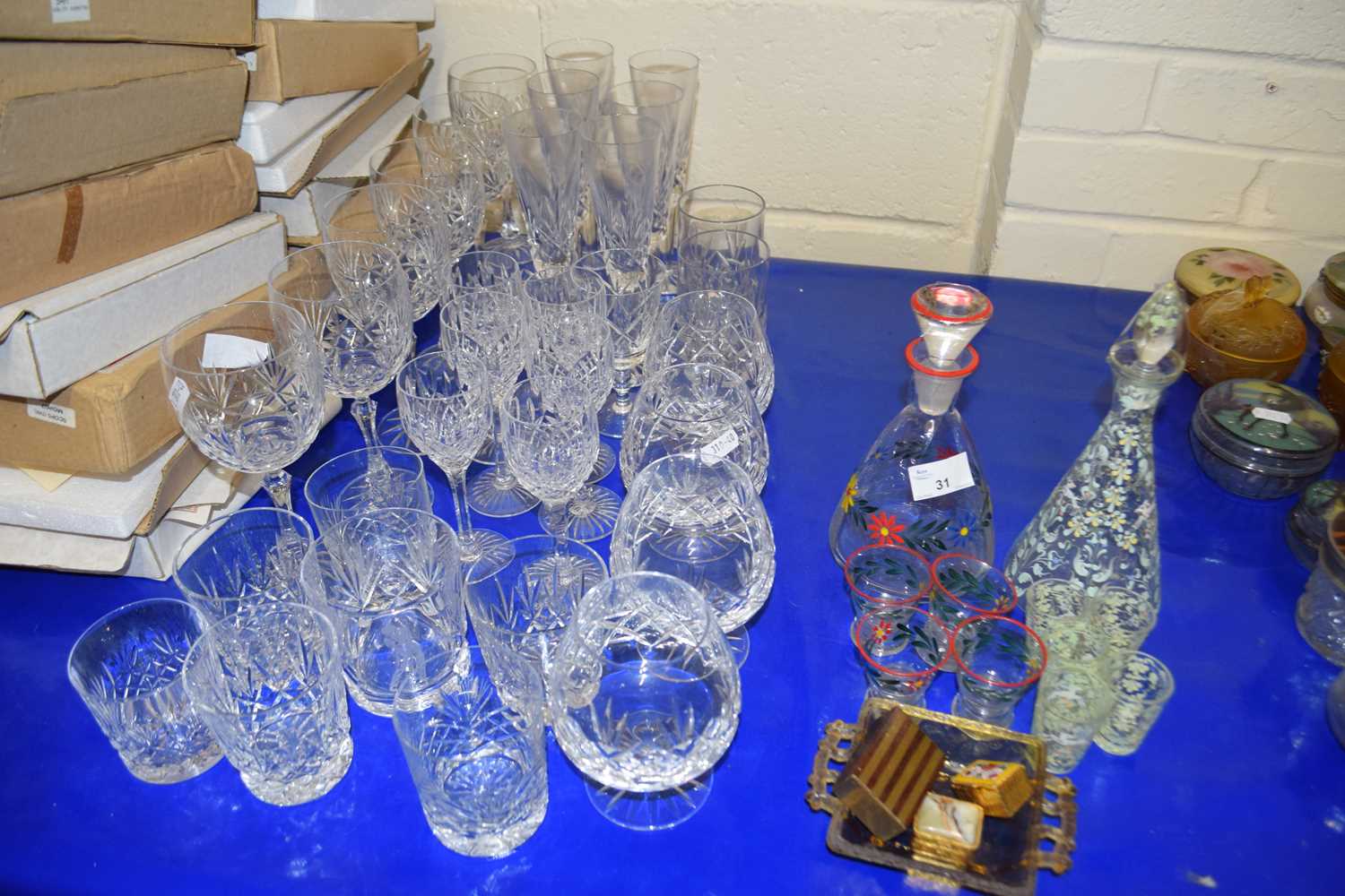 Mixed Lot: Vintage spirit decanters and glasses, ashtray, trinket boxes etc