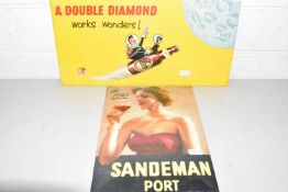 Two vintage small countertop advertising signs marked 'Double Diamond' and 'Sandeman Port'