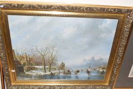 Skating on a frozen river, reproduction print in modern gilt frame