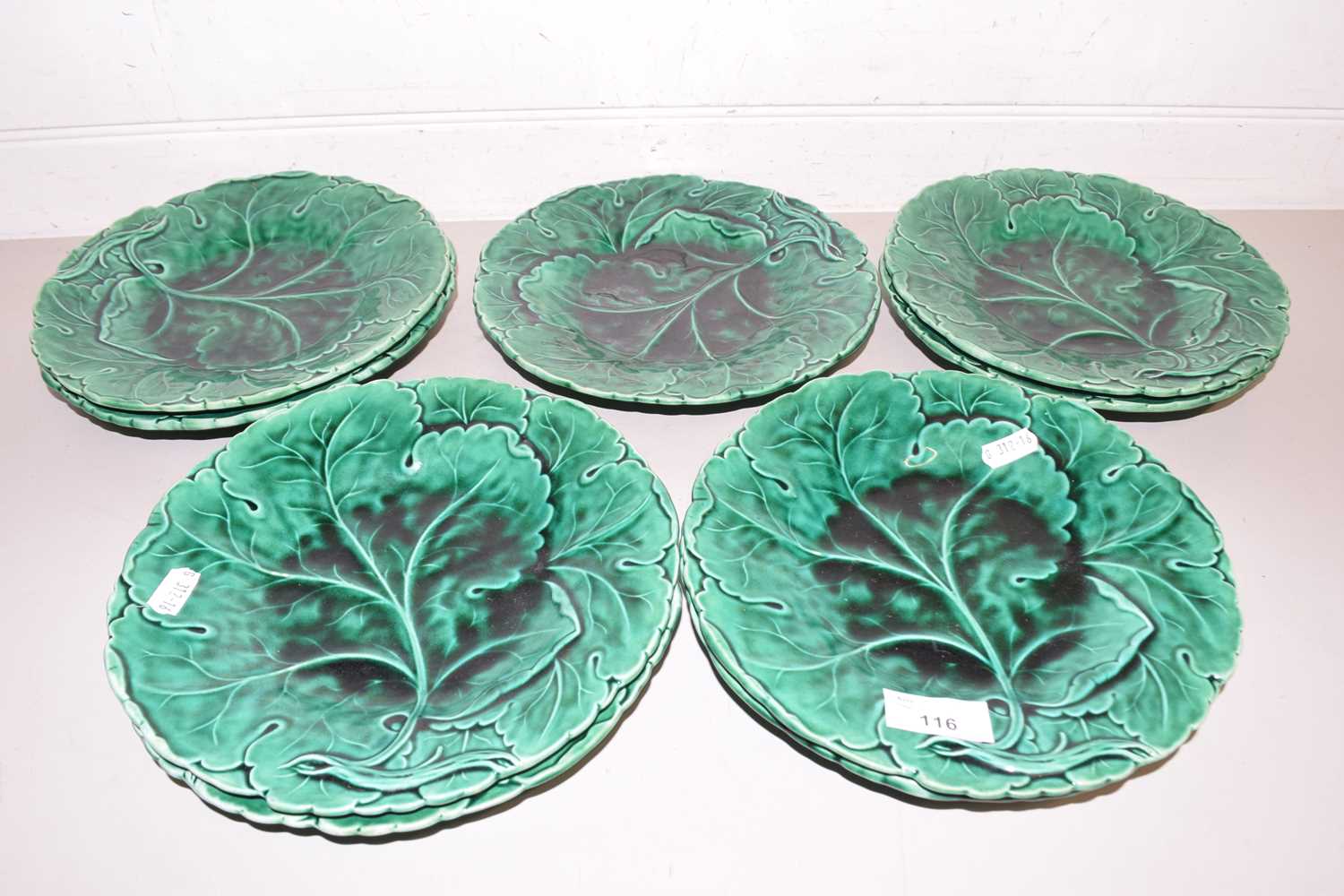 Quantity of Minton Victorian green glaze leaf plates