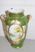 Norataki gilt decorated double handled vase with lake scene panels