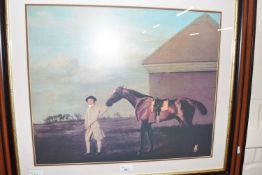 Reproduction print of a horse and rider after Stubbs, glazed and framed