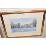 Tony Garner (British, b.1944), a church in a snow covered landscape, watercolour, signed, 7x9ins