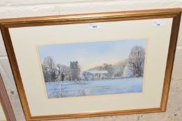 Tony Garner (British, b.1944), a church in a snow covered landscape, watercolour, signed, 7x9ins