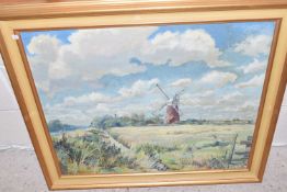 View of a windmill with cloudy sky, oil on board in modern gilt frame