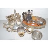 Mixed Lot: Silver plated egg cruet, various tea wares, galleried serving tray etc