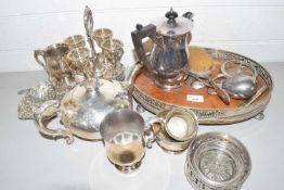 Mixed Lot: Silver plated egg cruet, various tea wares, galleried serving tray etc
