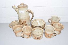 Studio Pottery coffee set with brown mottled glaze together with a further Studio Pottery decanter