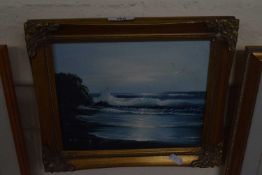 Waves breaking on the shore, oil on canvas in modern gilt frame