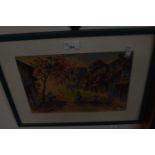 Asian street scene, glazed and framed