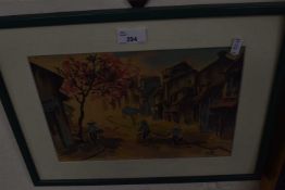 Asian street scene, glazed and framed