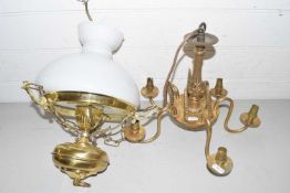 Hanging brass oil lamp style light fitting together with a brass five branch light fitting