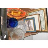 Box of various assorted pictures, glass bowls, dishes etc