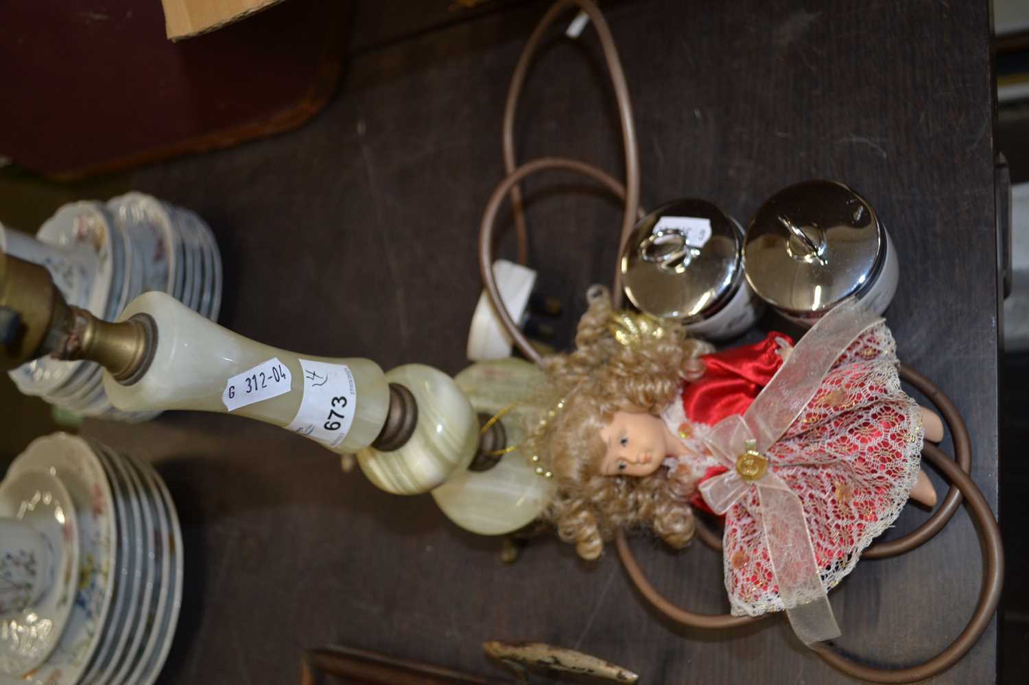 Onyx and gilt metal table lamp together with two egg codlers and a toy doll