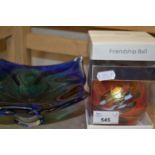 An Art Glass marbled glass ball together with a blue and green contemporary glass dish