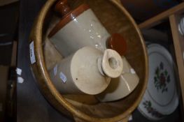 Large pottery bowl, a Copeland Spode heron pattern stand and two stone ware bottles