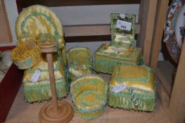 Dolls dressing table set in yellow satin with green trim