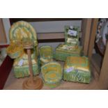 Dolls dressing table set in yellow satin with green trim