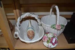 Royal Albert cottage garden bowl of roses together with two ceramic baskets and a wooden fish