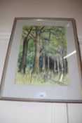 Woodland scene initialled RMS, pastel on paper, glazed and framed