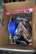 Fishermans tackle box together with a quantity of rods and reels