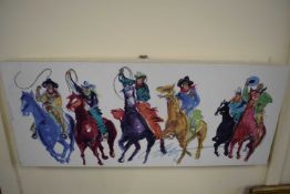 Contemporary print of six cowboys on horseback, unframed