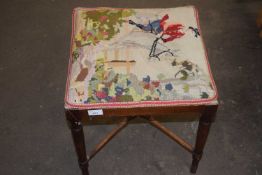 Mahogany framed stool with tapestry top and X formed stretcher