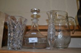 A ships style decanter together with a glass jug and two vases