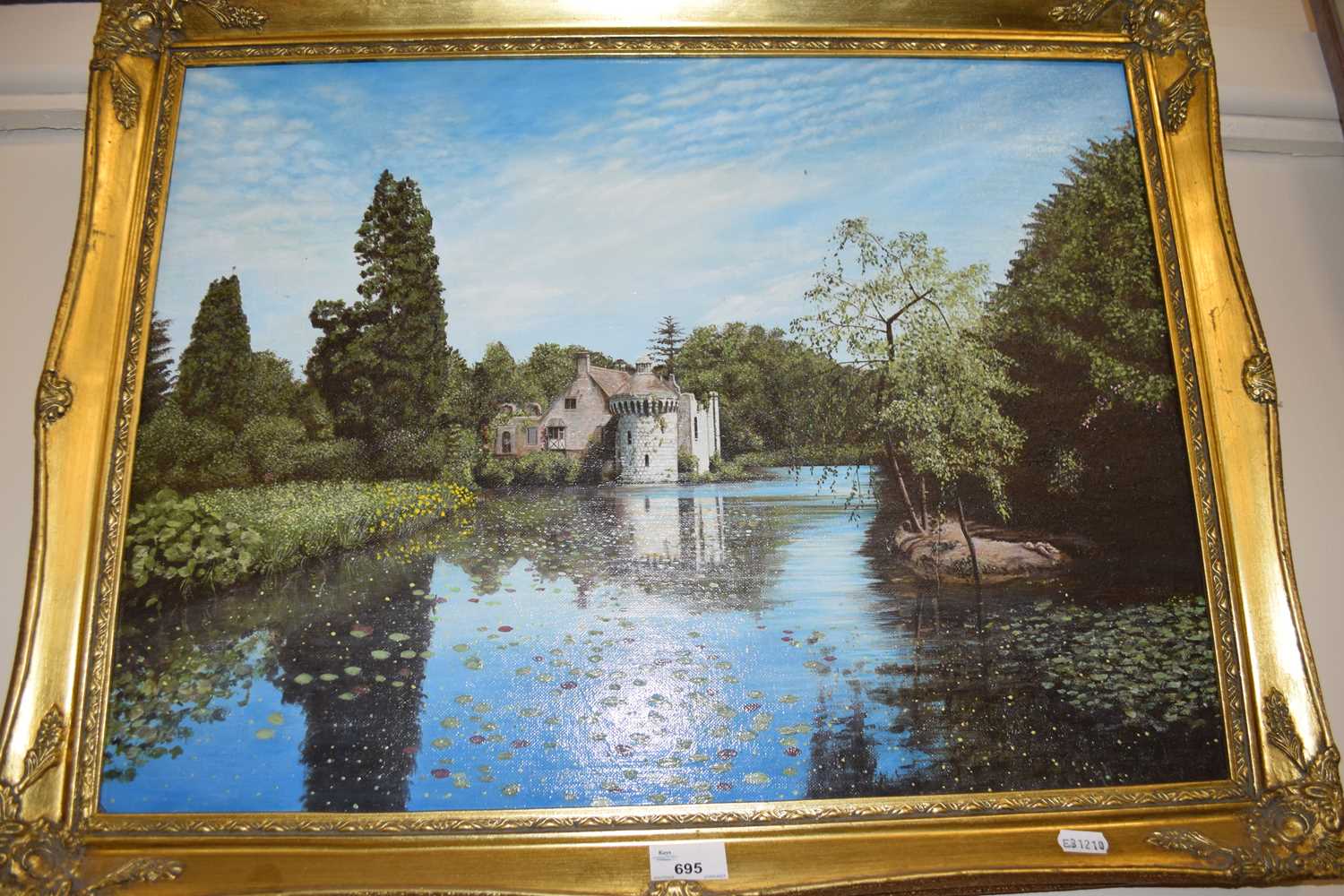 Castle on a river, oil on canvas, gilt frame