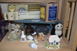 Mixed Lot: Lilliput Lane rabbit ornaments, wooden shelf, candles etc