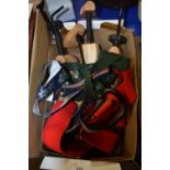 Box of assorted sized shoe trees and gentlemans braces