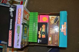 Box of assorted board games to include Monopoly Cash Decoder, Monopoly Cheaters Editions, Pass the