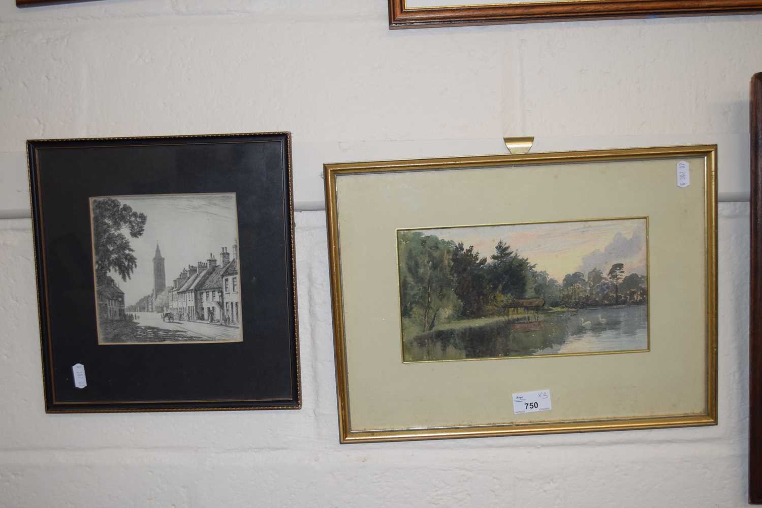 Watercolour of swans on a river, glazed with gilt frame together with a print of a street scene