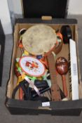 Box of assorted musical instruments and a carrying case