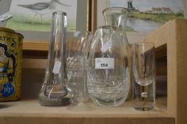 Quantity of mixed glass ware to include a carafe, crackle glaze vase, spill glasses and others