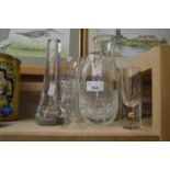 Quantity of mixed glass ware to include a carafe, crackle glaze vase, spill glasses and others