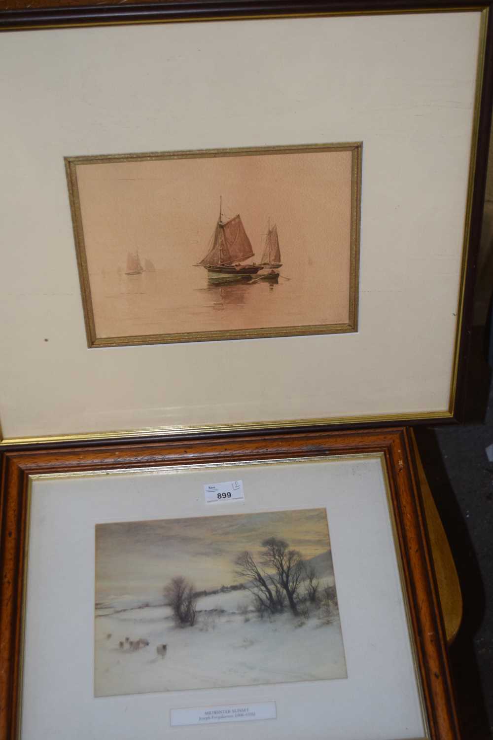 Small watercolour study, fishing boats, unsigned together with a coloured print, Midwinter Sunset (