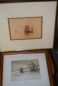 Small watercolour study, fishing boats, unsigned together with a coloured print, Midwinter Sunset (