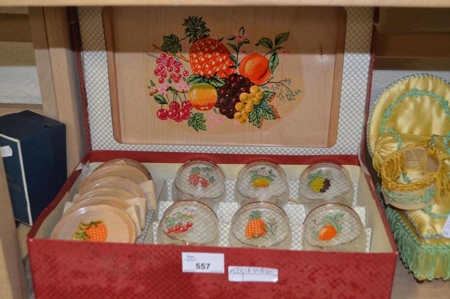 Mid 20th Century six glass drinking set decorated with fruits and matching coasters