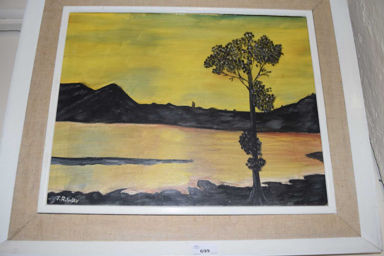 Sunset landscape by J R Way, oil on board, framed