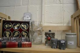 Novelty cased set of six glasses and coasters of veteran cars together with beer stein and a Dusty