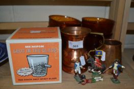 A set of six amber glass bowls together with copper ware toy soldiers etc