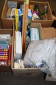 Box of assorted household items to include tea and coffee canisters, mops, travel mugs, tea