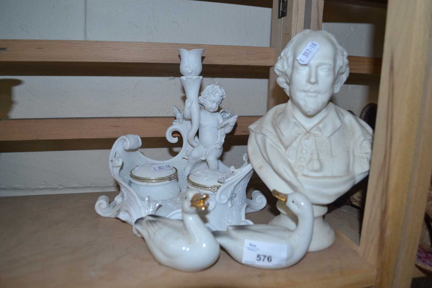 Pottery bust of Shakespeare together with a dressing table stand and two ceramic geese